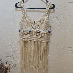Zaful Cream Crochet Fringe Tank Top with Colorful Pom Poms